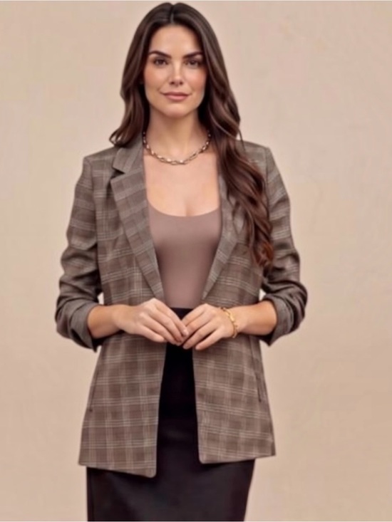 Jackets & Blazers - Studio Brown Plaid 3/4 Sleeve Ruched Blazer Sm Med Lg